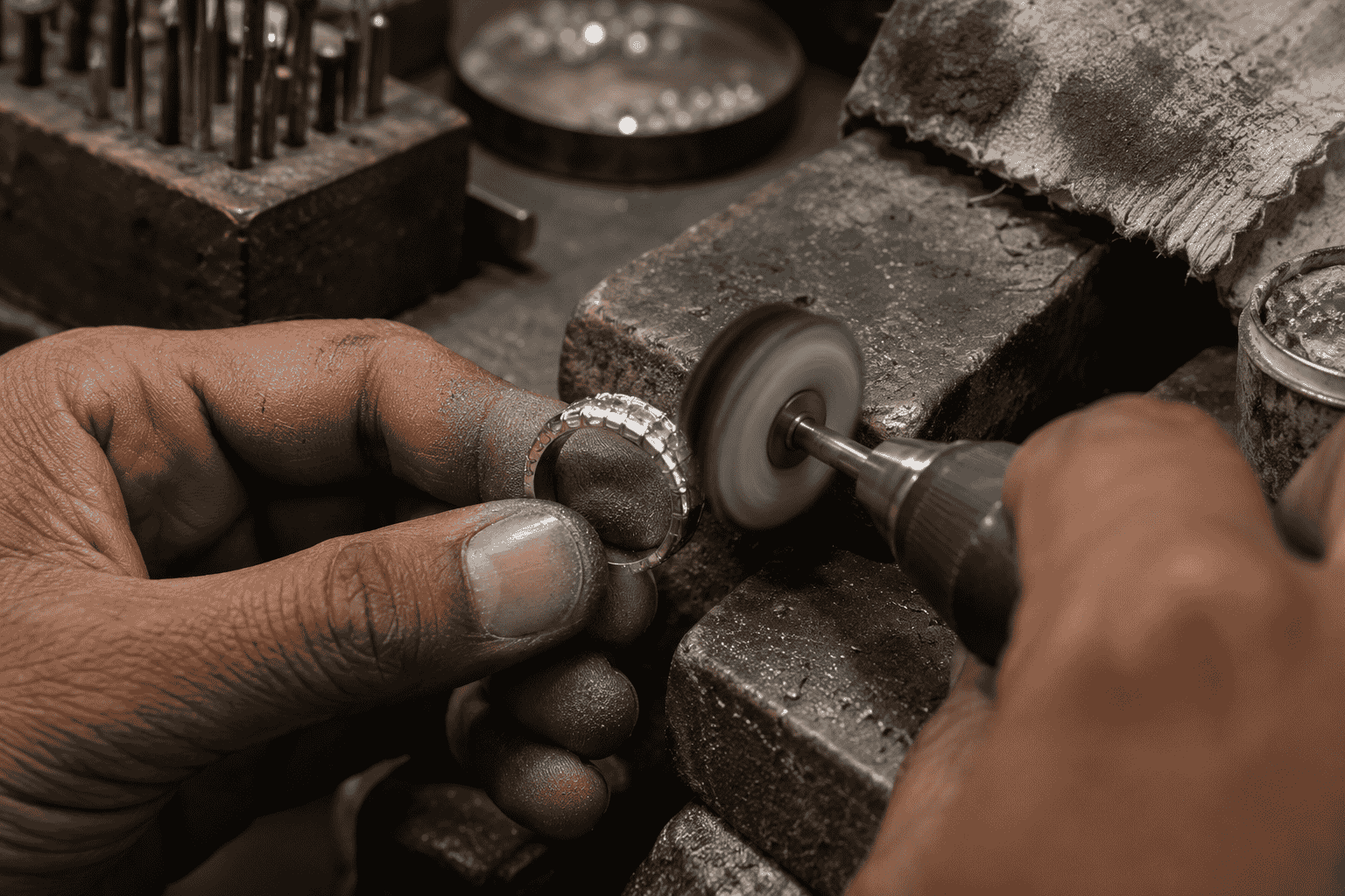 Artisan hand-finishing a banshiwale ring at the workbench, gold dust catching the light